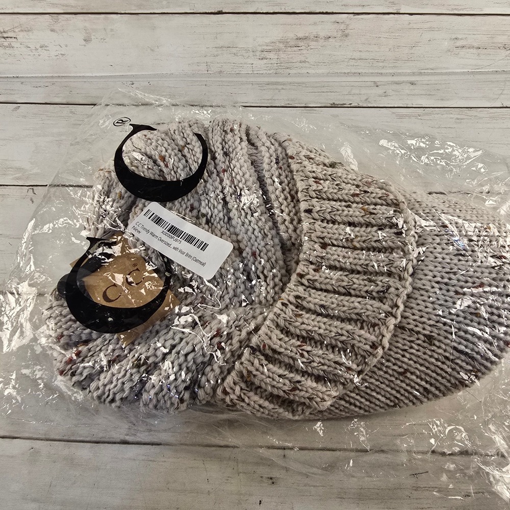 NEW CC Trendy Warm Oversized Knit Beanie with Visor Brim Oatmeal Confetti Hat